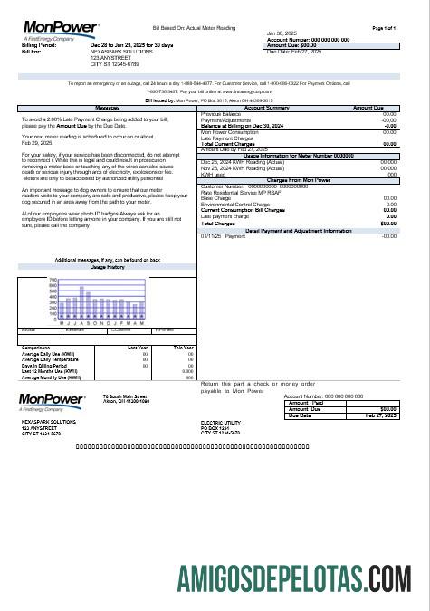 Em branco modelo de conta de serviços públicos da Mon Power Business dos EUA em formatos Word e PDF
